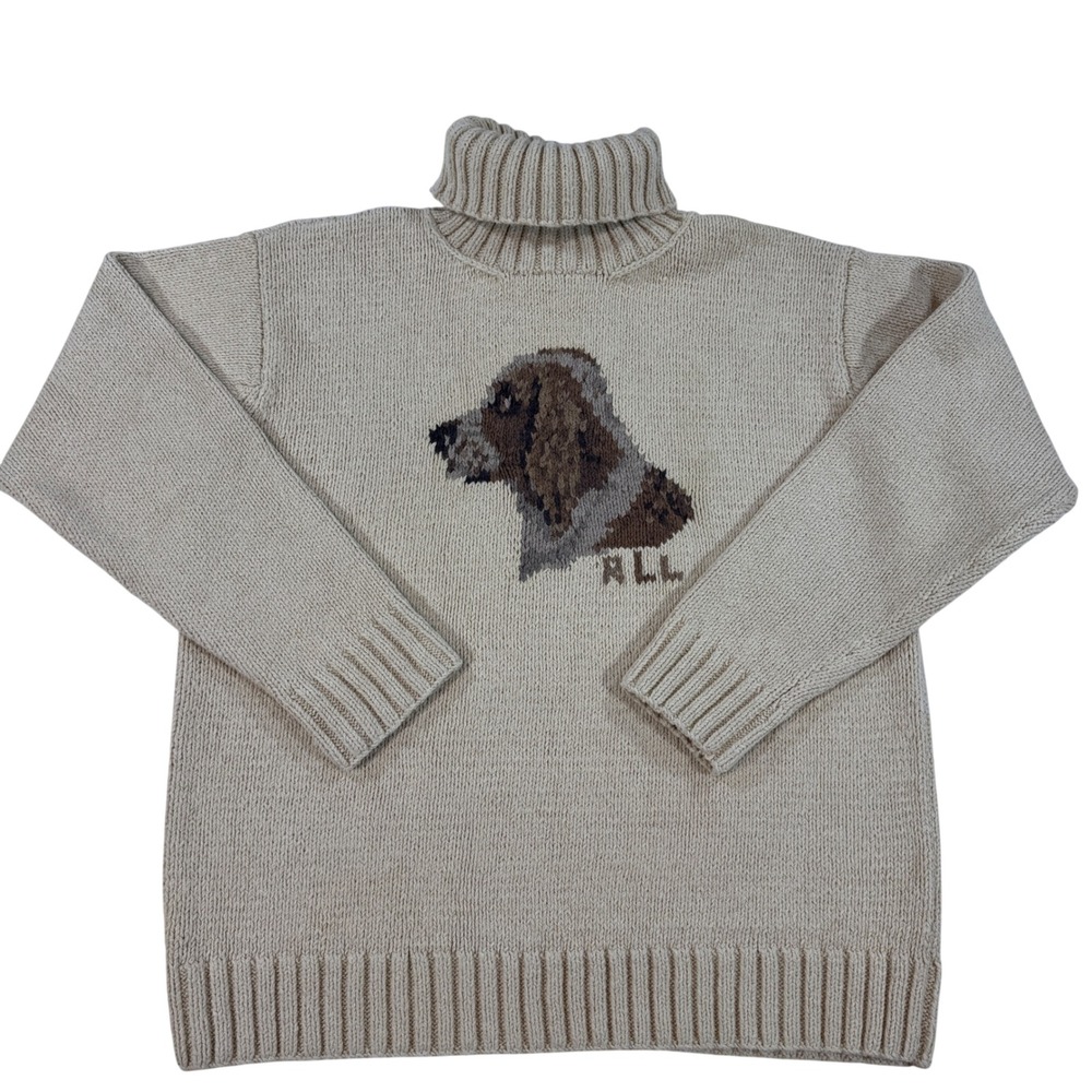 Vintage Lauren Ralph Lauren Hand Knit Dog Intarsia Turtleneck Sweater Women's S